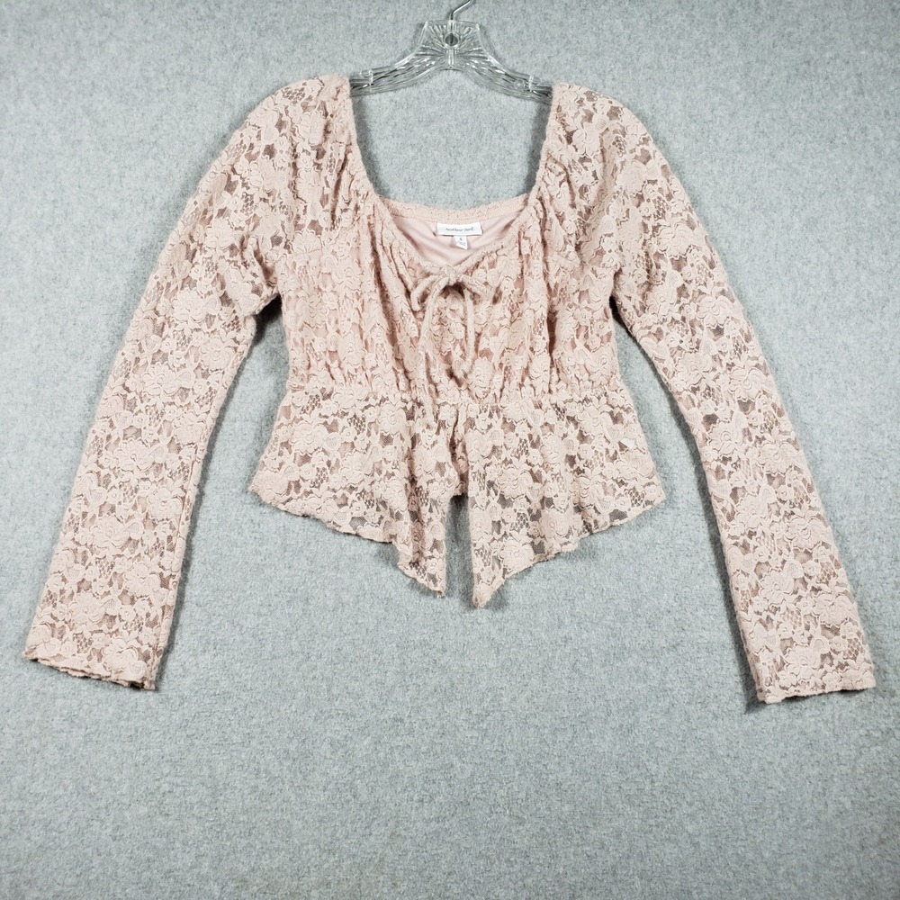 Willow & Root Womens Small Pink Lace Peplum‎ Top Long Sleeve Tie Front Coquette